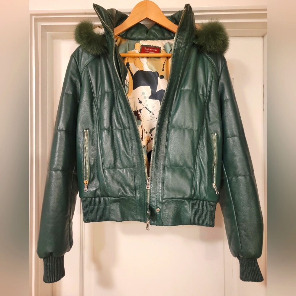Real Leather Green Bomber Jacket, Real Fur & Silk. Size M, fits like small.